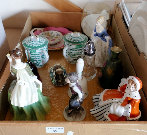 A box of mixed china and glass, includes Royal Doulton figurines 'Fleur', 'Noelle' and 'Alison'