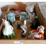 A box of mixed china and glass, includes Royal Doulton figurines 'Fleur', 'Noelle' and 'Alison'