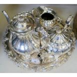 Hand chased silver-plated tea/coffee service, incorporating coffee pot, teapot, sugar bowl, milk jug
