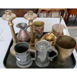 Miscellaneous metalware, including glass bottomed presentation pewter tankards, Victorian copper