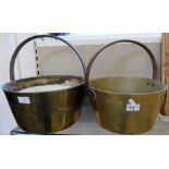 Two brass jam pans, together with an enamel chamber pot