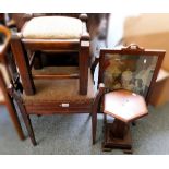 A piano stool with hinged lid, together with oak fire screen, oak stool, mahogany pedestal (4)