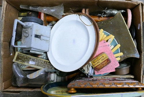 A box of miscellaneous, including a barometer, copperware, cutlery, candle sticks etc