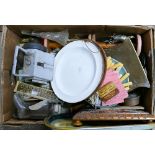 A box of miscellaneous, including a barometer, copperware, cutlery, candle sticks etc