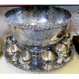 Barker and Ellis silver-plated punch set, comprising of bowl, stand, 8 cups and ladle