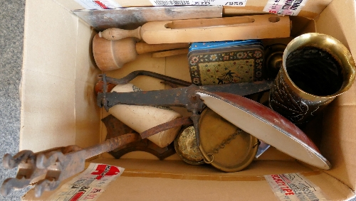 A box of miscellaneous, includes cheese carrier, ornate vase, scales etc