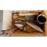 A box of miscellaneous, includes cheese carrier, ornate vase, scales etc