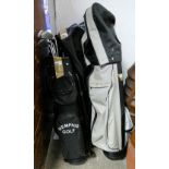 Three golf bags, with various left-handed clubs