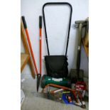 Garden tools and hand mower, together with an electric mains fence unit