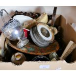 A box of miscellaneous, includes barometer, wooden and brass candlesticks, fans, scent bottle etc