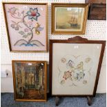 Oak framed fire screen, with inset embroidery together with 2 further embroideries (3)