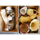 A box of jugs and vases, together with a pair of Spaniels, figurine and Bewley pottery jug (2)