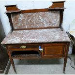 An Edwardian cross-banded and inlaid mahogany marble top and back washstand 107cm wide