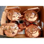 A box of copperware, 3 kettles, jug and bed warmer