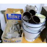 Miscellaneous metalware, including enamel buckets and mugs, a large mincer, electric motor etc