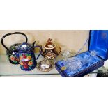 Miscellaneous items, including hand-painted coffee/teapot Cannel ware, Thomas Webb crystal