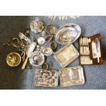 A quantity of electroplated wares to include a Victorian egg cruet, a swing handle basket and entree