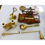 A set of postal scales with weights, pair of mother-of-pearl opera glasses, candle snuffer, bell and