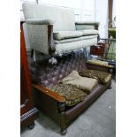 A re-upholstered early 20th century three seater sofa with carved frame, together with a similar two