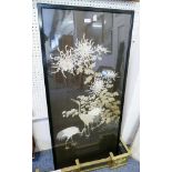 A Japanese silk embroidered panel, depicting three red crowned cranes beneath chrysanthemums on dark