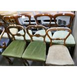 A set of three Victorian mahogany dining chairs, pair of Victorian oak salon chairs and two