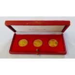 A set of three Spanish gold commemorative medallions, stamped 917 (22ct) cased, 20.9gms