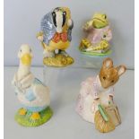 Beatrix Potter; four Beswick figurines, Mr Jeremy Fisher, Mr Drake Puddle-duck, Hunca Munca sweeping