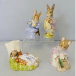 Beatrix Potter; four Royal Albert figurines, Hunca Munca sweeping, Cotton Tail, Mr Benjamin Bunny