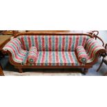 A 19th century Continental mahogany double scroll arm settee, later re-upholstered with loose seat
