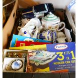 A box of miscellaneous, includes Ringtons ware teapots, tin-plate car, tea and cigarette cards,