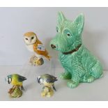 Beswick; four figurines, a green Scottie dog 1208, a Barn Owl 2026, Blue Tit 992 and another Blue