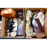 A box containing an early throw, bodice, handbag and cloth, together with a further box of