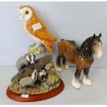 Beswick : barn owl and shire horse and Border Fine Arts badger group (3)