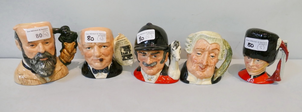 Royal Doulton; five small character mugs, George Tinworth D7000, the Lawyer D6504, Winston Churchill