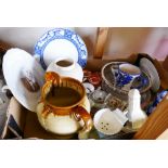 A box of miscellaneous china and glass, including commemorative ware, crested china, shaving mugs,