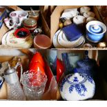 Four boxes of miscellaneous, including candelabra, china, metalware, biscuit barrel, glassware,