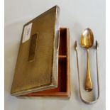 A silver cigarette box, Birmingham 1964 of rectangular form, a pair of silver sugar tongs and a