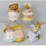 Beatrix Potter; four Beswick figurines, the old woman who lived in a shoe, Hunca Munca, Cottontail