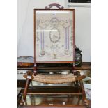 A mahogany fire screen with cherubs beneath the lace panel, together with a rush seated stool (2)