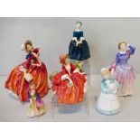 Royal Doulton; six various sized figurines, Autumn Breezes HN1934, Blithe Morning HN2012 RL, Lydia