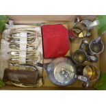 A box of mainly plateware, including a silver cigarette case (Birmingham 1941) (in jewellery