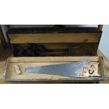 A carpenter's toolbox, together with contents of saws, planes, spoke shaves etc