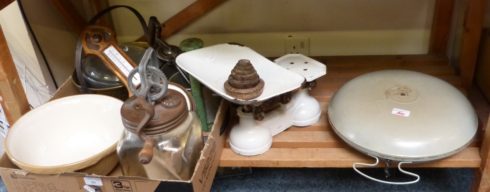 An early Belling electric bed warmer, kitchen scales, coffee grinder, barometer, jam pan, whisk etc