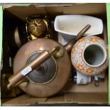 A box of miscellaneous, includes copper kettle, clocks, Wedgwood vase, Royal Worcester egg