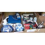 Two boxes of miscellaneous, includes cased and loose cutlery, plateware, coffee service, blue and