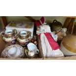 Stoneware flagon's, doll, soft toy, monkey and clockwork dog, together with a box of china