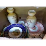 A 19th century hand-painted tazza, 2 Royal Crown Derby plates, Japanese doll's teaset, pair of Crown