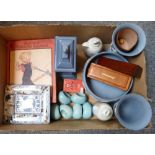 A box of miscellaneous, including Wedgwood hyacinth bowl and pair of Wedgwood vases, ceramic