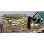 A brass covered coal box, together with coal scuttle and trivet (3)