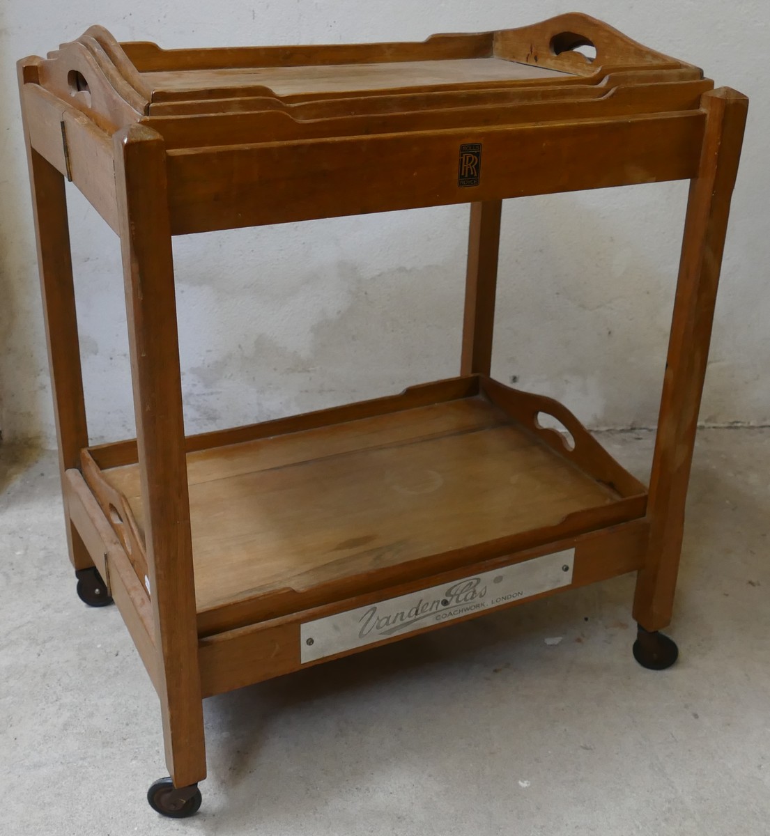 Vanden Plas for Rolls Royce, a rare mahogany and walnut collapsible picnic trolley, with four